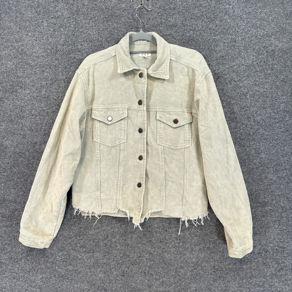 POL Corduroy Jacket Womens Small Green Raw Hem Cropped Trucker Coat Boho